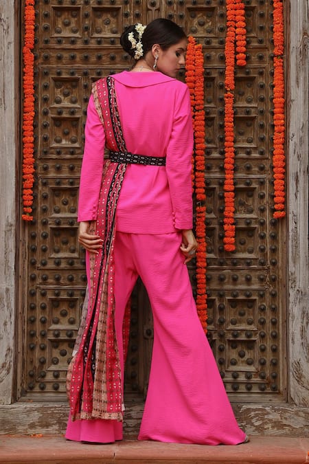 Shop Gazab by Miku Kumar Pink Georgette, Muslin Embroidery V-neck Zaara Solid Blazer Sharara Set at Aza Fashions Shop_Gazab by Miku Kumar_Pink Georgette, Muslin Embroidery V-neck Zaara Solid Blazer Sharara Set _at_Aza_Fashions