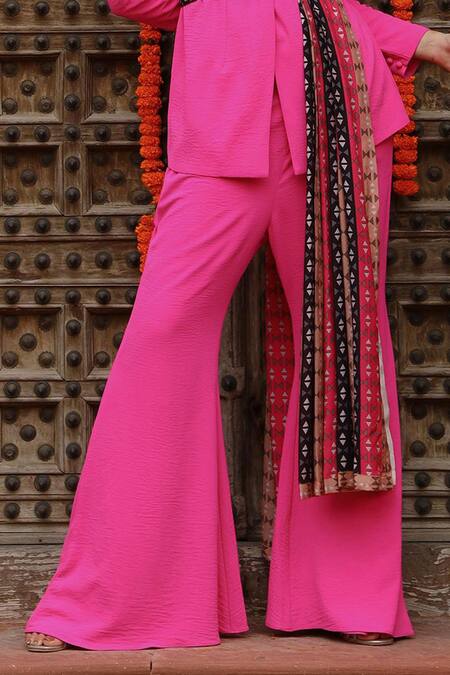 Shop Gazab by Miku Kumar Pink Georgette, Muslin Embroidery V-neck Zaara Solid Blazer Sharara Set Online at Aza Fashions Shop_Gazab by Miku Kumar_Pink Georgette, Muslin Embroidery V-neck Zaara Solid Blazer Sharara Set _Online_at_Aza_Fashions