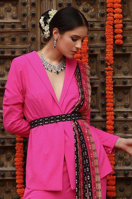 Gazab by Miku Kumar Pink Georgette, Muslin Embroidery V-neck Zaara Solid Blazer Sharara Set at Aza Fashions Gazab by Miku Kumar_Pink Georgette, Muslin Embroidery V-neck Zaara Solid Blazer Sharara Set _at_Aza_Fashions