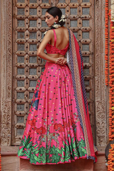 Shop Gazab by Miku Kumar Pink Silk, Organza Embroidery Sweetheart Neck Zooni Printed Lehenga Set at Aza Fashions Shop_Gazab by Miku Kumar_Pink Silk, Organza Embroidery Sweetheart Neck Zooni Printed Lehenga Set _at_Aza_Fashions