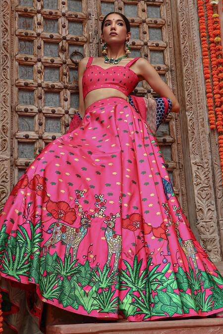Gazab by Miku Kumar Pink Silk, Organza Embroidery Sweetheart Neck Zooni Printed Lehenga Set Online at Aza Fashions Gazab by Miku Kumar_Pink Silk, Organza Embroidery Sweetheart Neck Zooni Printed Lehenga Set _Online_at_Aza_Fashions