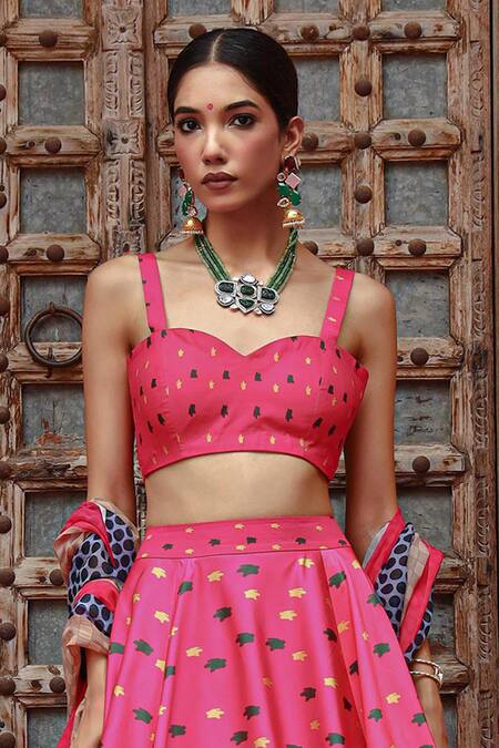 Shop Gazab by Miku Kumar Pink Silk, Organza Embroidery Sweetheart Neck Zooni Printed Lehenga Set Online at Aza Fashions Shop_Gazab by Miku Kumar_Pink Silk, Organza Embroidery Sweetheart Neck Zooni Printed Lehenga Set _Online_at_Aza_Fashions