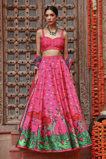 Buy Gazab by Miku Kumar Pink Silk, Organza Embroidery Sweetheart Neck Zooni Printed Lehenga Set Buy_Gazab by Miku Kumar_Pink Silk, Organza Embroidery Sweetheart Neck Zooni Printed Lehenga Set