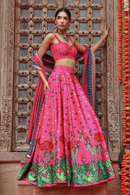 Shop Gazab by Miku Kumar Pink Silk, Organza Embroidery Sweetheart Neck Zooni Printed Lehenga Set Shop_Gazab by Miku Kumar_Pink Silk, Organza Embroidery Sweetheart Neck Zooni Printed Lehenga Set