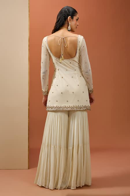 Shop_Esha Koul_White Organza, Net, Georgette, Crepe Cut Work, Sequins, Kurta Sharara Set _at_Aza_Fashions