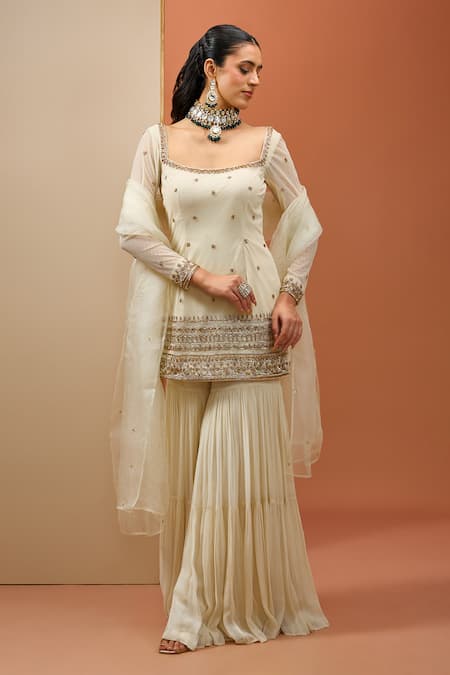 Esha Koul_White Organza, Net, Georgette, Crepe Cut Work, Sequins, Kurta Sharara Set _Online_at_Aza_Fashions