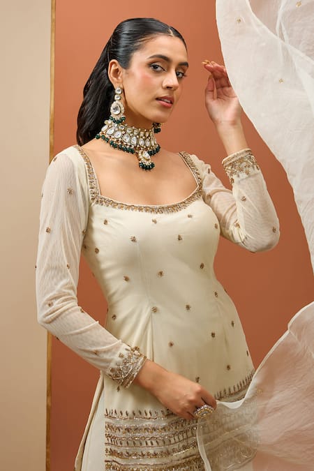Buy_Esha Koul_White Organza, Net, Georgette, Crepe Cut Work, Sequins, Kurta Sharara Set _Online_at_Aza_Fashions