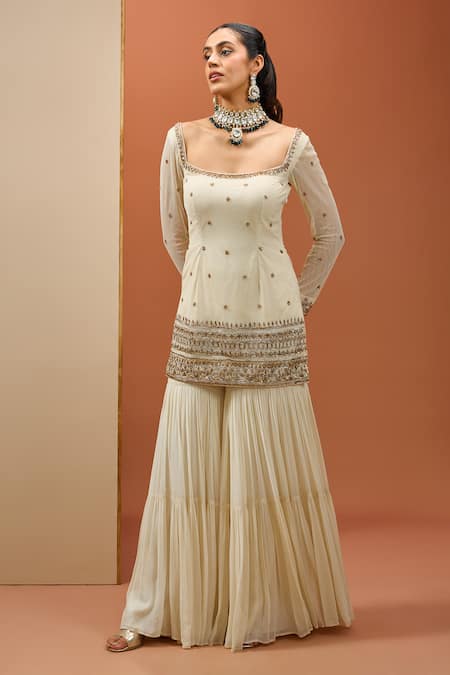 Shop_Esha Koul_White Organza, Net, Georgette, Crepe Cut Work, Sequins, Kurta Sharara Set _Online_at_Aza_Fashions