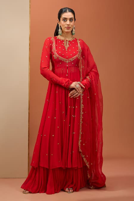 Esha Koul Red Georgette Embroidered Sequin Round Anarkali Sharara Set 