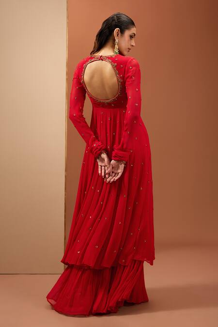 Shop_Esha Koul_Red Organza, Georgette Sequins, Cut Work, Embroidery Round Anarkali Sharara Set _at_Aza_Fashions