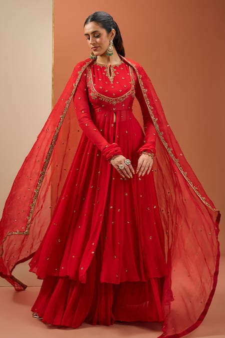Esha Koul_Red Organza, Georgette Sequins, Cut Work, Embroidery Round Anarkali Sharara Set _Online_at_Aza_Fashions