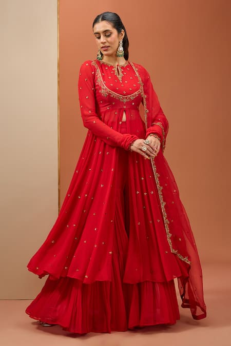 Buy_Esha Koul_Red Organza, Georgette Sequins, Cut Work, Embroidery Round Anarkali Sharara Set _Online_at_Aza_Fashions