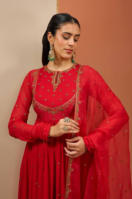 Shop_Esha Koul_Red Organza, Georgette Sequins, Cut Work, Embroidery Round Anarkali Sharara Set _Online_at_Aza_Fashions