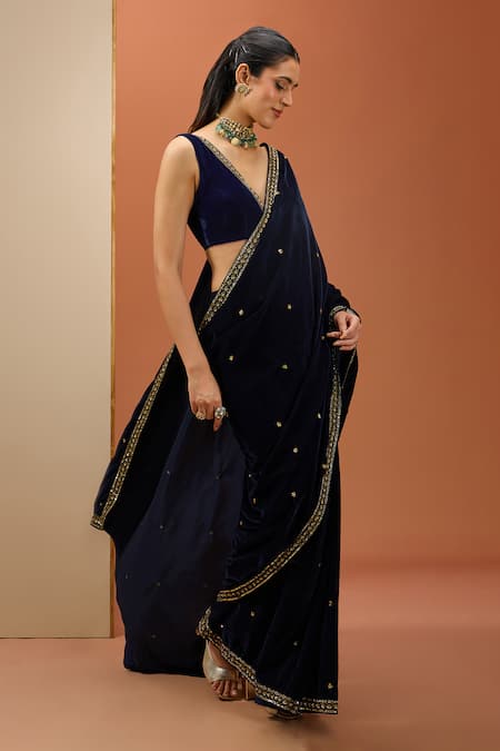 Esha Koul_Blue Velvet, Crepe Sequins, Cut Work Plunge Neck Embroidered Saree With Blouse _Online_at_Aza_Fashions