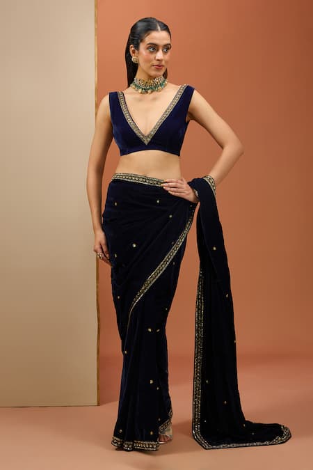 Buy_Esha Koul_Blue Velvet, Crepe Sequins, Cut Work Plunge Neck Embroidered Saree With Blouse _Online_at_Aza_Fashions