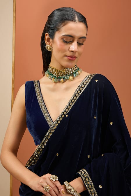 Shop_Esha Koul_Blue Velvet, Crepe Sequins, Cut Work Plunge Neck Embroidered Saree With Blouse _Online_at_Aza_Fashions