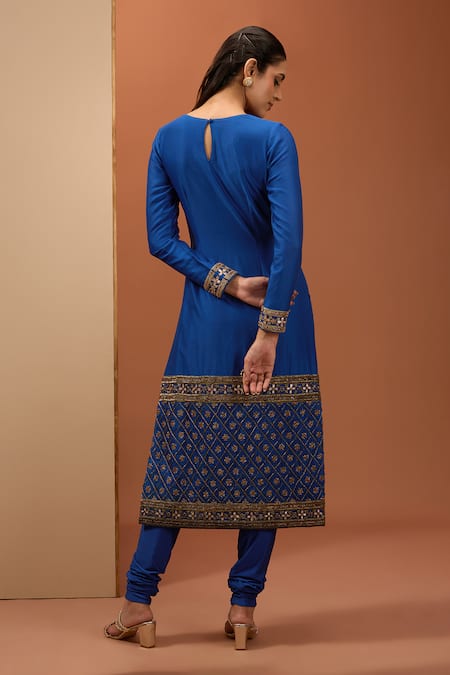 Shop Esha Koul Blue Net, Chanderi, Crepe Zari, Gota Patti, Embroidery Round Straight Kurta Set at Aza Fashions Shop_Esha Koul_Blue Net, Chanderi, Crepe Zari, Gota Patti, Embroidery Round Straight Kurta Set _at_Aza_Fashions