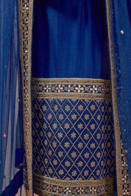 Esha Koul Blue Net, Chanderi, Crepe Zari, Gota Patti, Embroidery Round Straight Kurta Set Online at Aza Fashions Esha Koul_Blue Net, Chanderi, Crepe Zari, Gota Patti, Embroidery Round Straight Kurta Set _Online_at_Aza_Fashions