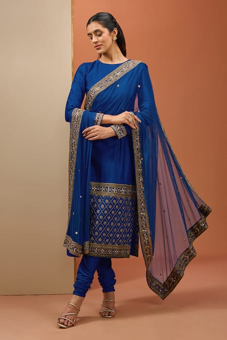 Shop Esha Koul Blue Net, Chanderi, Crepe Zari, Gota Patti, Embroidery Round Straight Kurta Set Online at Aza Fashions Shop_Esha Koul_Blue Net, Chanderi, Crepe Zari, Gota Patti, Embroidery Round Straight Kurta Set _Online_at_Aza_Fashions