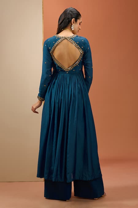 Shop Esha Koul Blue Cotton, Organza, Chanderi Silk Sequins, Embroidered Angarkha Anarkali Set at Aza Fashions Shop_Esha Koul_Blue Cotton, Organza, Chanderi Silk Sequins, Embroidered Angarkha Anarkali Set _at_Aza_Fashions