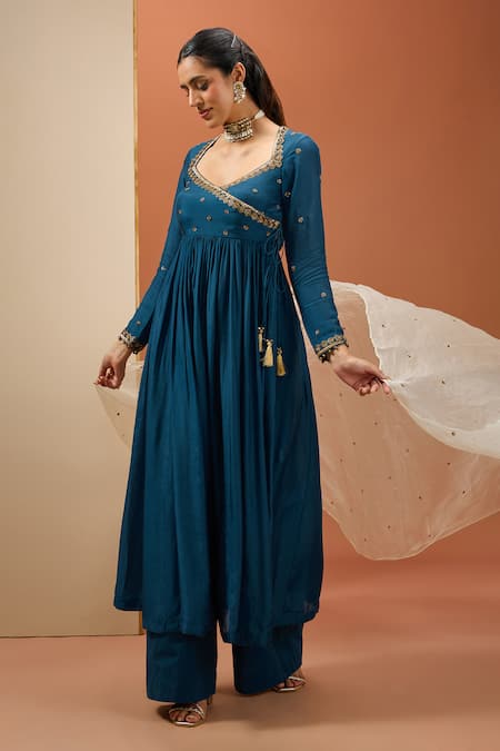 Buy Esha Koul Blue Cotton, Organza, Chanderi Silk Sequins, Embroidered Angarkha Anarkali Set Online at Aza Fashions Buy_Esha Koul_Blue Cotton, Organza, Chanderi Silk Sequins, Embroidered Angarkha Anarkali Set _Online_at_Aza_Fashions