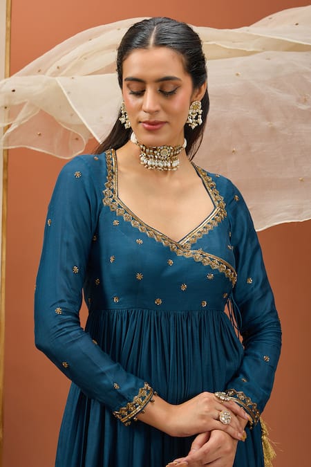 Shop Esha Koul Blue Cotton, Organza, Chanderi Silk Sequins, Embroidered Angarkha Anarkali Set Online at Aza Fashions Shop_Esha Koul_Blue Cotton, Organza, Chanderi Silk Sequins, Embroidered Angarkha Anarkali Set _Online_at_Aza_Fashions