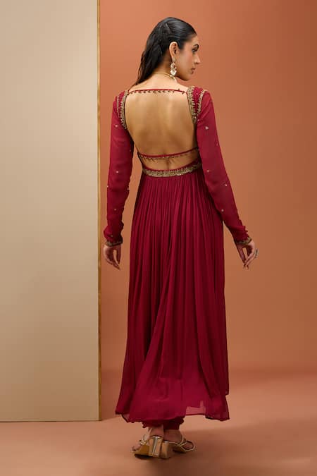Shop Esha Koul Maroon Organza, Georgette, Cotton Sequins, Cut Work, Embroidery Anarkali Set at Aza Fashions Shop_Esha Koul_Maroon Organza, Georgette, Cotton Sequins, Cut Work, Embroidery Anarkali Set _at_Aza_Fashions