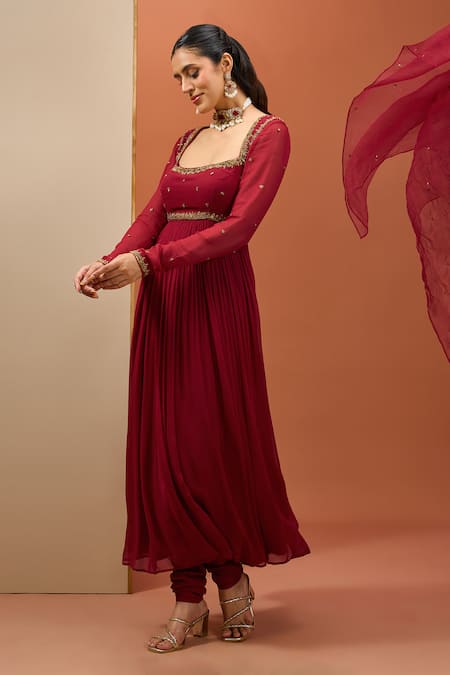 Esha Koul Maroon Organza, Georgette, Cotton Sequins, Cut Work, Embroidery Anarkali Set Online at Aza Fashions Esha Koul_Maroon Organza, Georgette, Cotton Sequins, Cut Work, Embroidery Anarkali Set _Online_at_Aza_Fashions