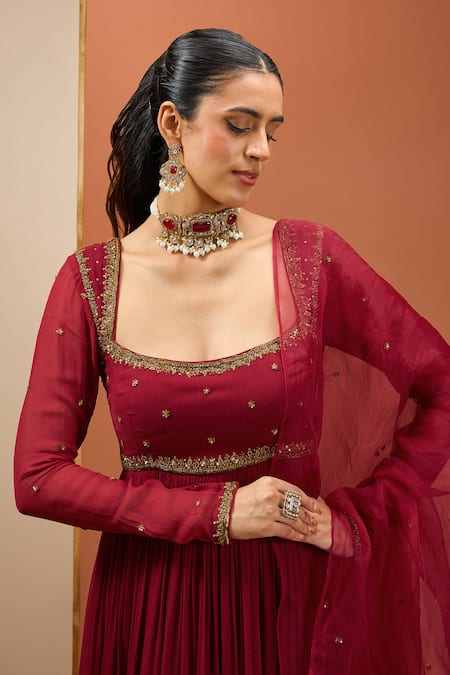 Shop Esha Koul Maroon Organza, Georgette, Cotton Sequins, Cut Work, Embroidery Anarkali Set Online at Aza Fashions Shop_Esha Koul_Maroon Organza, Georgette, Cotton Sequins, Cut Work, Embroidery Anarkali Set _Online_at_Aza_Fashions