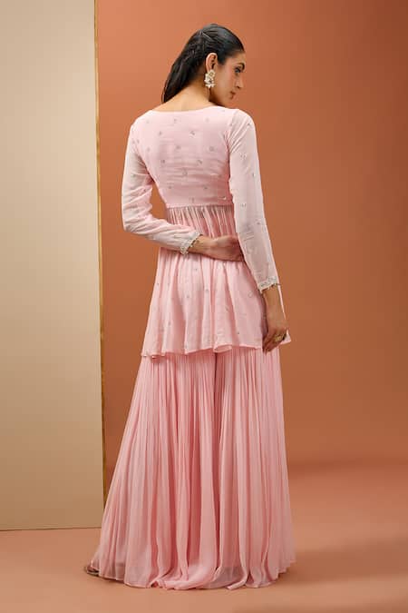 Shop_Esha Koul_Pink Organza, Georgette, Crepe Cut Work, Sequins, Peplum Kurta Sharara Set _at_Aza_Fashions