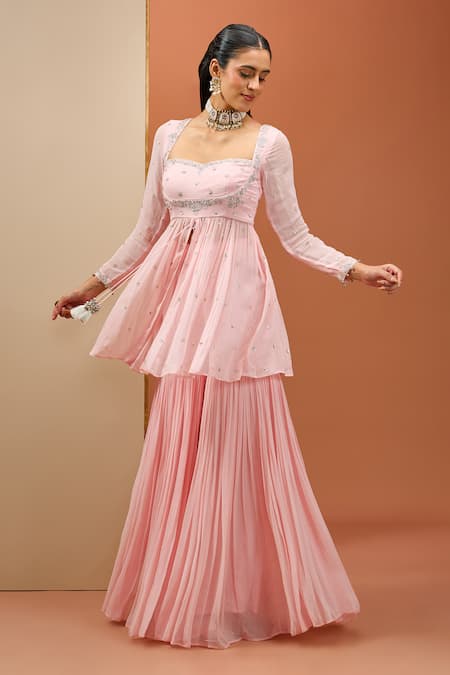 Esha Koul_Pink Organza, Georgette, Crepe Cut Work, Sequins, Peplum Kurta Sharara Set _Online_at_Aza_Fashions