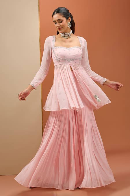 Buy_Esha Koul_Pink Organza, Georgette, Crepe Cut Work, Sequins, Peplum Kurta Sharara Set _Online_at_Aza_Fashions