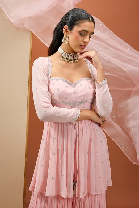 Shop_Esha Koul_Pink Organza, Georgette, Crepe Cut Work, Sequins, Peplum Kurta Sharara Set _Online_at_Aza_Fashions