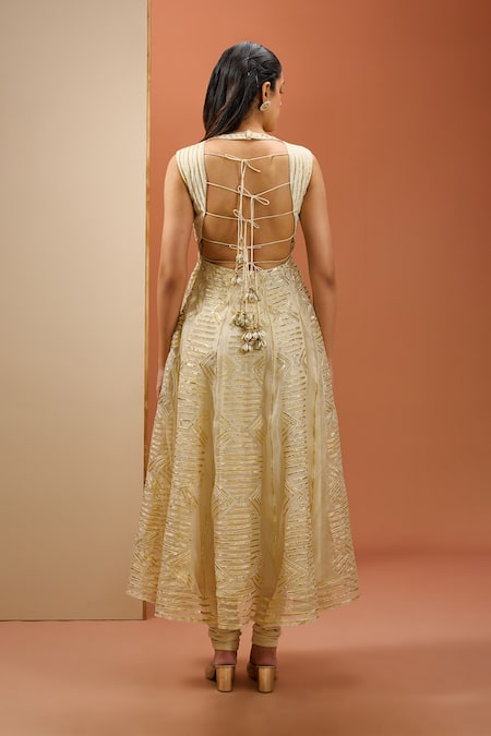 Shop_Esha Koul_Gold Organza, Chanderi Gota Patti V-neck Lace Embroidered Anarkali Set _at_Aza_Fashions