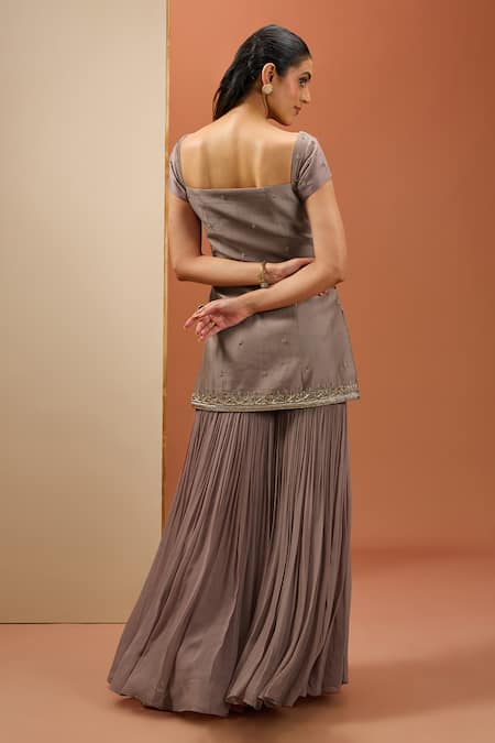 Shop Esha Koul Brown Organza, Chanderi, Georgette, Crepe Sequins, Cut Short Kurta Sharara Set at Aza Fashions Shop_Esha Koul_Brown Organza, Chanderi, Georgette, Crepe Sequins, Cut Short Kurta Sharara Set _at_Aza_Fashions