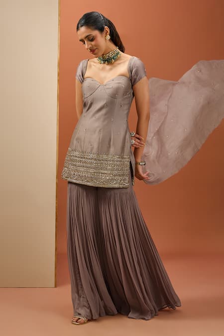 Esha Koul Brown Organza, Chanderi, Georgette, Crepe Sequins, Cut Short Kurta Sharara Set Online at Aza Fashions Esha Koul_Brown Organza, Chanderi, Georgette, Crepe Sequins, Cut Short Kurta Sharara Set _Online_at_Aza_Fashions