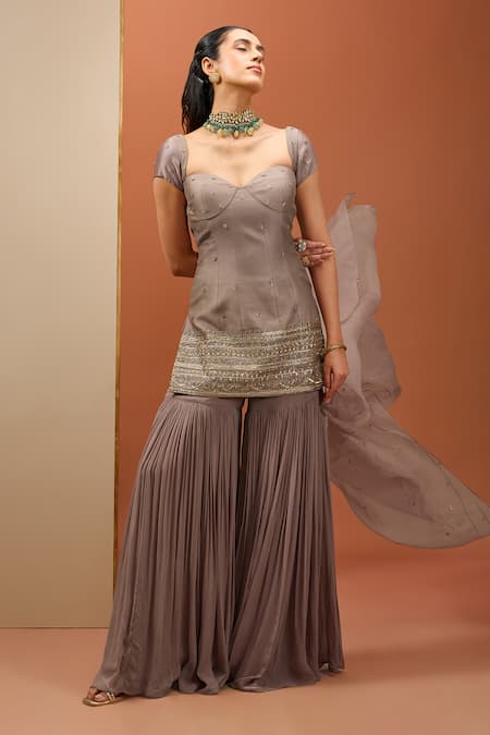 Buy Esha Koul Brown Organza, Chanderi, Georgette, Crepe Sequins, Cut Short Kurta Sharara Set Online at Aza Fashions Buy_Esha Koul_Brown Organza, Chanderi, Georgette, Crepe Sequins, Cut Short Kurta Sharara Set _Online_at_Aza_Fashions