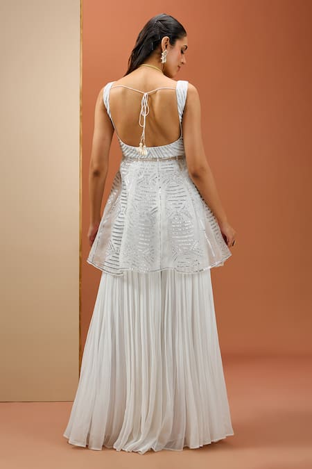 Shop Esha Koul White Organza, Chanderi, Crepe, Satin Gota Patti, Peplum Kurta Sharara Set at Aza Fashions Shop_Esha Koul_White Organza, Chanderi, Crepe, Satin Gota Patti, Peplum Kurta Sharara Set _at_Aza_Fashions