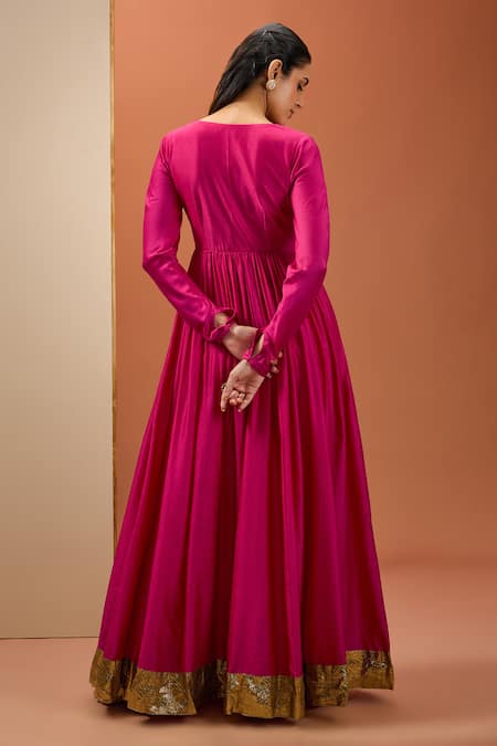 Shop_Esha Koul_Peach Cotton, Chanderi Lace Round Neck Lampi Border Anarkali Set _at_Aza_Fashions