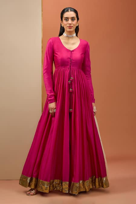 Buy_Esha Koul_Peach Cotton, Chanderi Lace Round Neck Lampi Border Anarkali Set _Online_at_Aza_Fashions