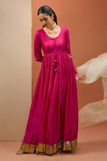 Shop_Esha Koul_Peach Cotton, Chanderi Lace Round Neck Lampi Border Anarkali Set _Online_at_Aza_Fashions