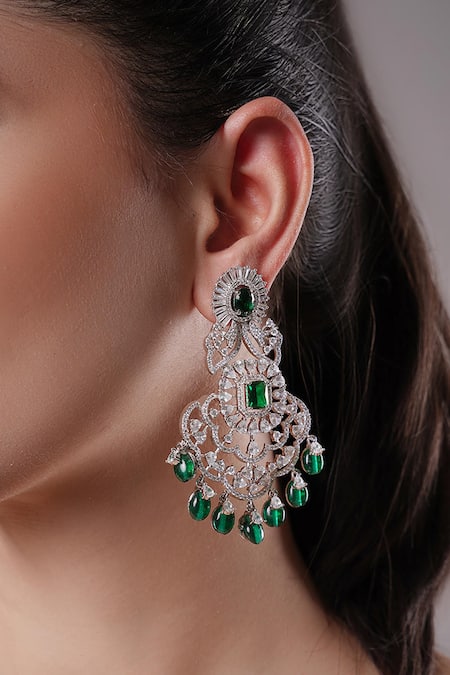 XAGO Green Stone Floret Carved Contrast Embellished Earrings 