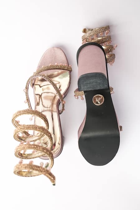 Shop Sana K luxurious Footwear Pink Rhinestones, Crystals And Bead Embellished Gladiator Heels at Aza Fashions Shop_Sana K luxurious Footwear_Pink Rhinestones, Crystals And Bead Embellished Gladiator Heels _at_Aza_Fashions