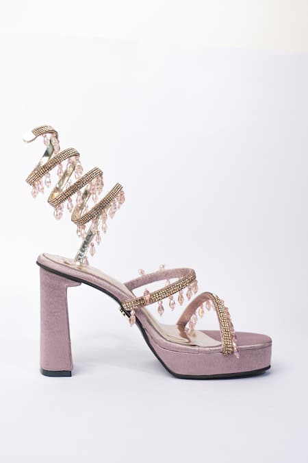 Shop Sana K luxurious Footwear Pink Rhinestones, Crystals And Bead Embellished Gladiator Heels Online at Aza Fashions Shop_Sana K luxurious Footwear_Pink Rhinestones, Crystals And Bead Embellished Gladiator Heels _Online_at_Aza_Fashions