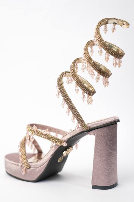 Shop Sana K luxurious Footwear Pink Rhinestones, Crystals And Bead Embellished Gladiator Heels Shop_Sana K luxurious Footwear_Pink Rhinestones, Crystals And Bead Embellished Gladiator Heels