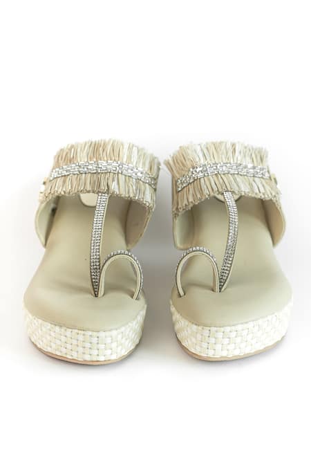 Sana K luxurious Footwear Rhinestone & Fringed Tassel Embellished Kolhapuri Wedges 