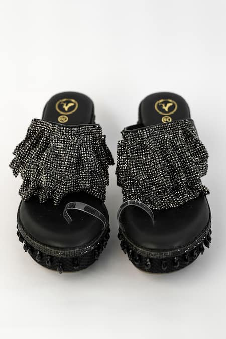 Sana K luxurious Footwear Black Falling Mesh Rhinestone Embellished Wedges 