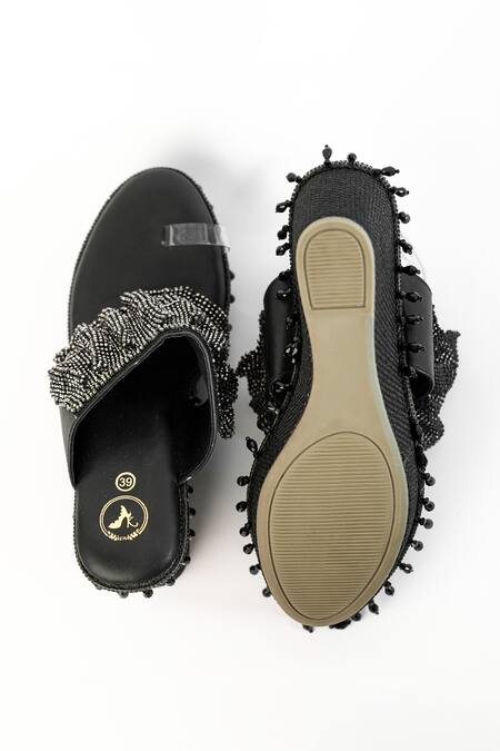 Shop Sana K luxurious Footwear Black Rhinestones, Chains Falling Mesh Embellished Wedges at Aza Fashions Shop_Sana K luxurious Footwear_Black Rhinestones, Chains Falling Mesh Embellished Wedges _at_Aza_Fashions