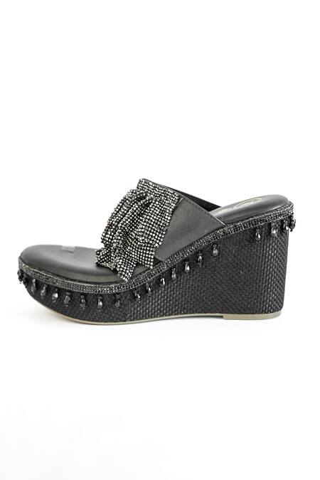 Shop Sana K luxurious Footwear Black Rhinestones, Chains Falling Mesh Embellished Wedges Online at Aza Fashions Shop_Sana K luxurious Footwear_Black Rhinestones, Chains Falling Mesh Embellished Wedges _Online_at_Aza_Fashions