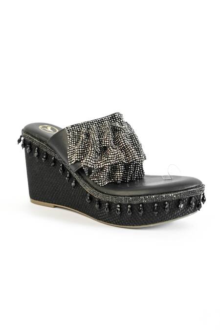 Sana K luxurious Footwear Black Rhinestones, Chains Falling Mesh Embellished Wedges at Aza Fashions Sana K luxurious Footwear_Black Rhinestones, Chains Falling Mesh Embellished Wedges _at_Aza_Fashions